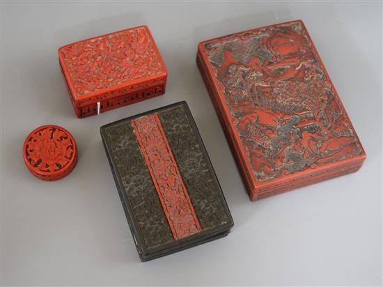 Three Chinese cinnabar lacquer boxes and another lacquer box Largest 19 x 13cm